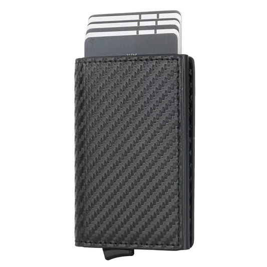 Men's Sleek Business Wallet -  Carbon Fiber Pattern with Aluminum Alloy & Faux Leather, Ultra-Thin Credit Card Holder with Pop-Up Slot - Black